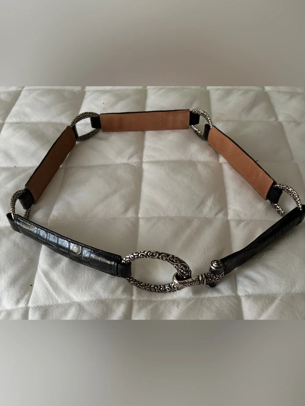 Brighton Black Croc Embossed Patent Leather Hook‎ Belt size 36
